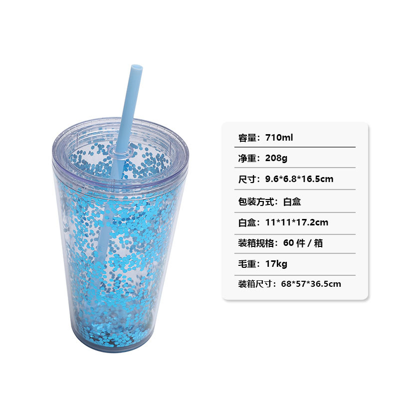 Pajita de plástico de doble capa con logotipo, taza de té con leche, taza simple y portátil, taza de té de frutas con lentejuelas, taza de verano
