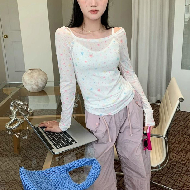美式辣妹一字肩长袖罩衫夏季薄款星星图案防晒设计感T恤上衣INS潮|undefined