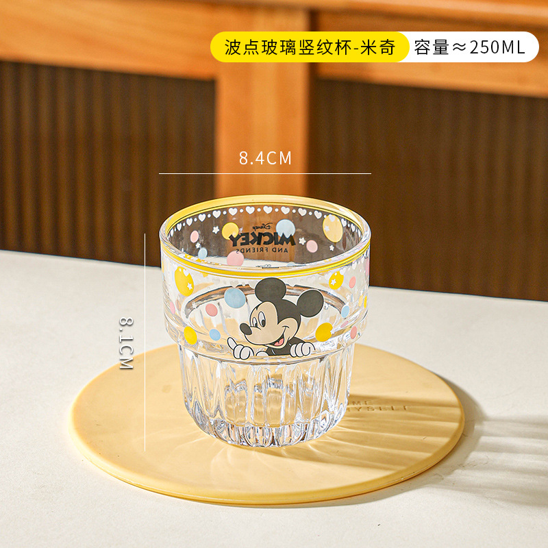 Nueva taza de vidrio de patrón vertical de Disney, taza de agua de dibujos animados de lunares, taza de agua para el hogar de alto valor femenino, taza de agua para la oficina