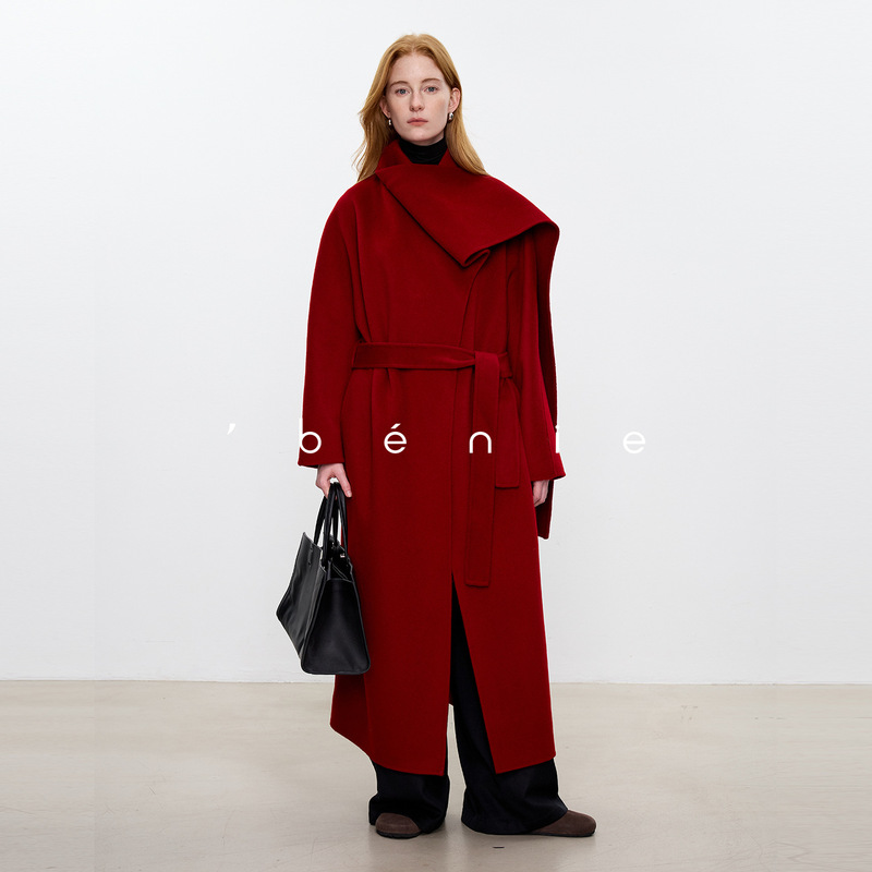 [Benchu] 26 New Year Red Wool Coat with Loose Scarf Collar and Tie, Long Style for Wedding and Zodiac Year, Double-Sided Woolen Coat