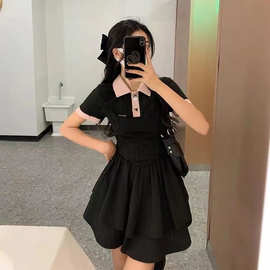 辣妹撞色领连衣裙女夏季小众设计感收腰显瘦绑带裙遮肉衬衫裙
