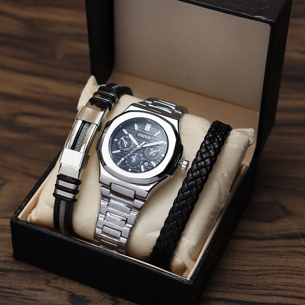 Neues, meistverkauftes dreiteiliges Herrenuhren-Set, Geschenk-Armbanduhr, Kalenderuhr, Herren-Set, wasserdichte Uhr_voghion.com