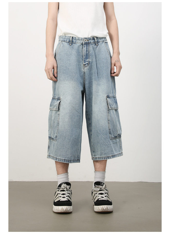 Quần short jean nam ống rộng nhiều túi phong cách hip-hop đường phố, quần lửng mùa hè — Màu xanh lam, Xanh lam làm cũ, Xanh lam nhạt chi tiết 15