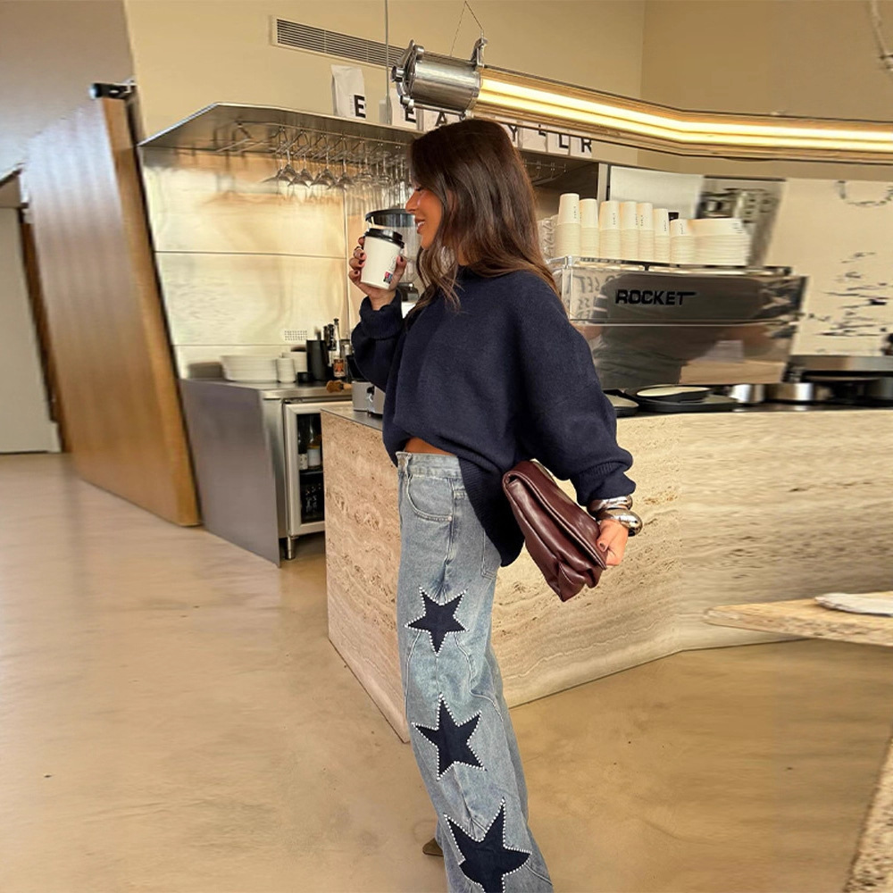 欧美跨境2025新款女装休闲复古百搭两侧五角星牛仔裤阔腿休闲裤女