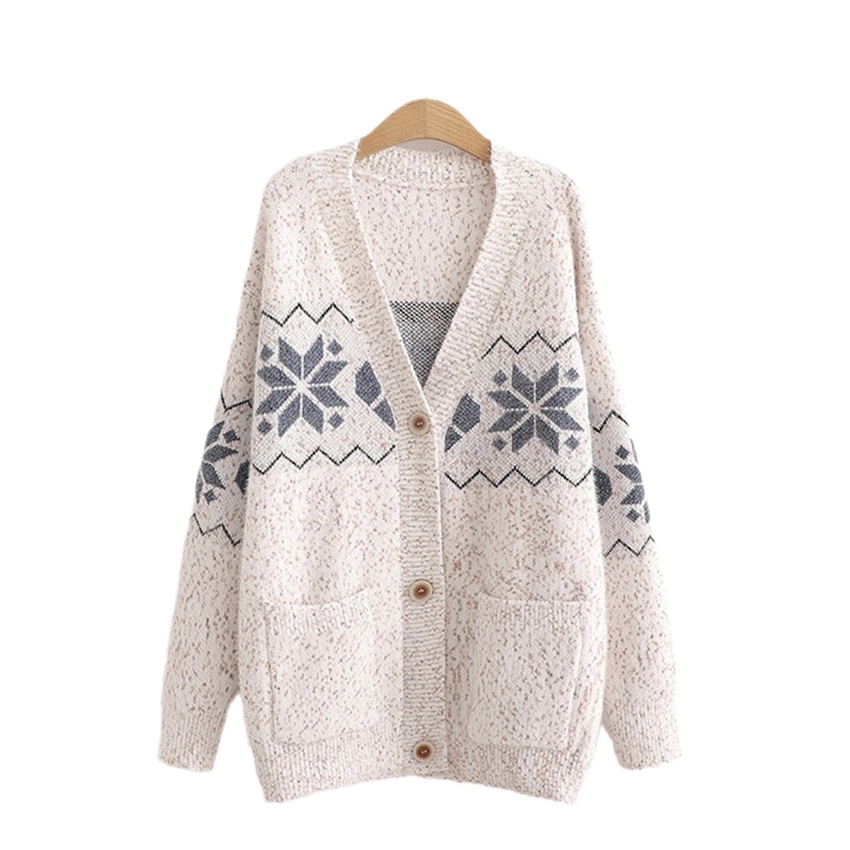 Women's V-Neck Snowflake Jacquard Cardigan – Soft Chenille Knit Sweater With Button Front, Cozy Oversized Pullover For Fall & Winter_voghion.com