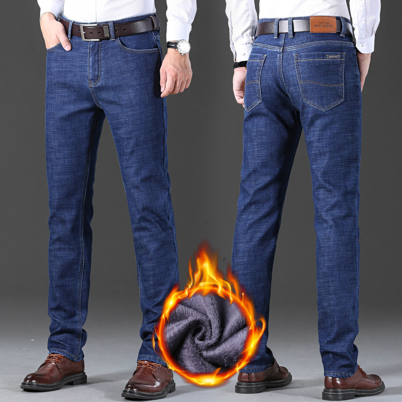 Thicken plus fleece straight jeans men's...