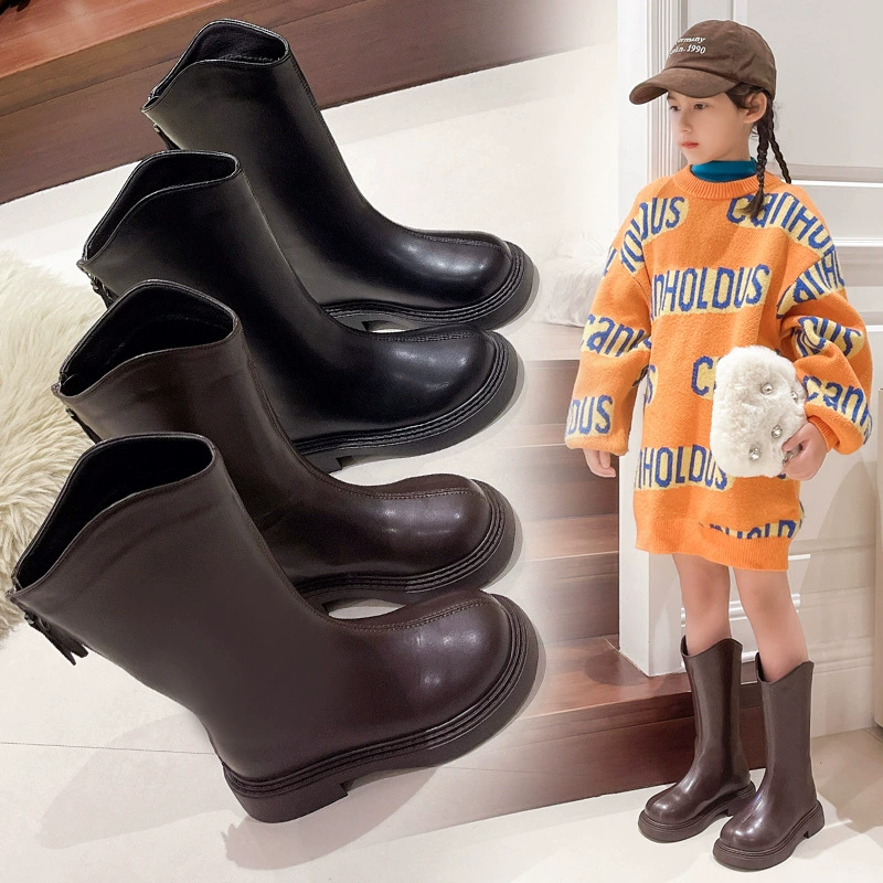 Детские сапоги с бархатными сапогами для девочек 2024 Осень и Зима дети высокого уровня, дикая принцесса кожаные сапоги, хлопковые сапоги для девочек