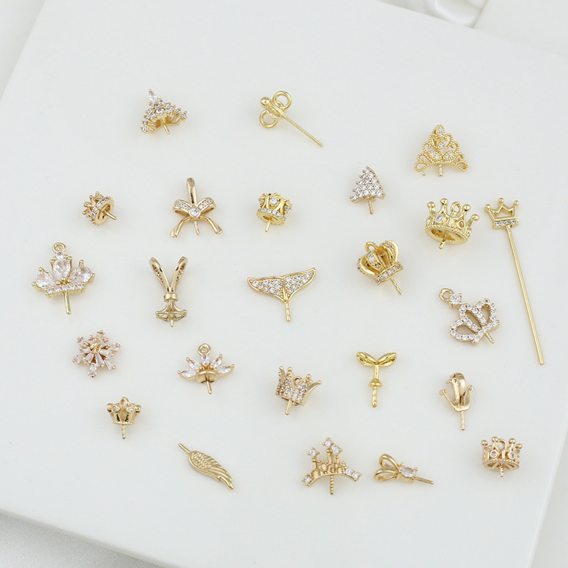 18K Pure Copper Micro-Paved Zircon Crown Mermaid Tail Small Wings with Needle DIY Jewelry Earrings Pearl Pendant Pendant