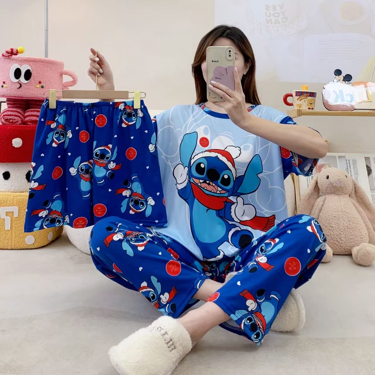 Pijamas de verano transfronterizos pijamas de leche de seda de tres piezas set de dibujos animados comercio exterior ropa para el hogar pantalones de mangas cortas lindos