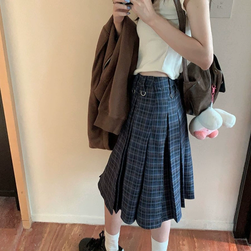 Ретро клетчатая юбка плиссированная юбка 2025 осень высокая талия плиссированная юбка новый стройнящий вид стиль преппи юбка с узором