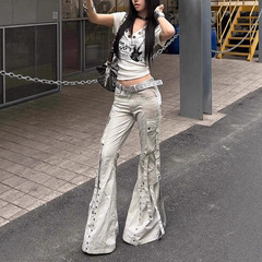 街头美式复古设计感多口袋飘带工装裤子女y2k千禧风低腰微喇叭裤