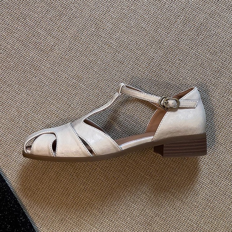 Sheepskin Version ~ Retro Round-Toe Cut Out Summer Genuine Leather Sandals for Women with Hollow Thick Heels and Artistic Style Toe-Toe Shoes