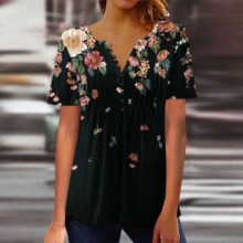 新款欧美跨境2023夏季花卉印花带纽扣抽褶气质优雅短袖女T恤