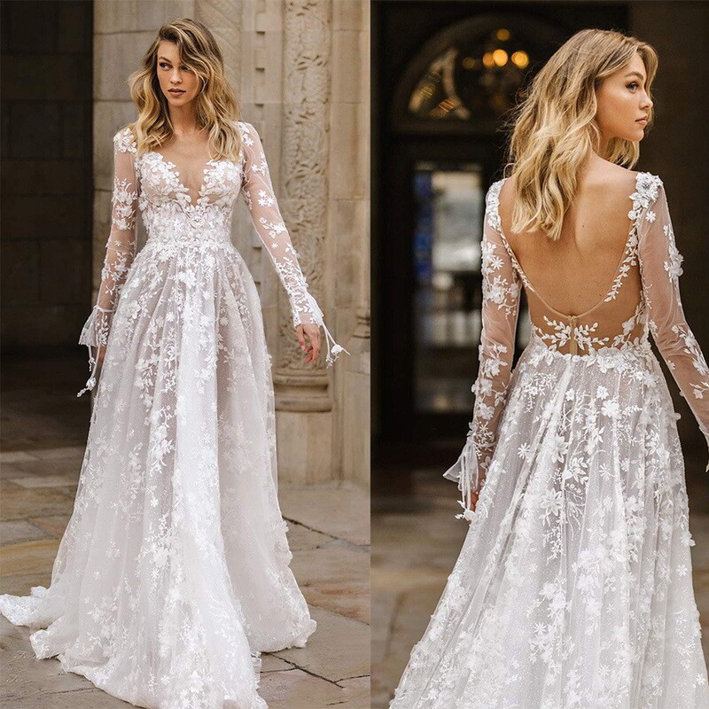 Ready-Made 2025 European and American Export Wedding Dress Amazon Sexy Lace Long-Sleeved Dress Evening Dress for Women Ready-Made 2025 European and American Export Wedding Dress Amazon Sexy Lace Long-Sleeved Dress Evening Dress for Women