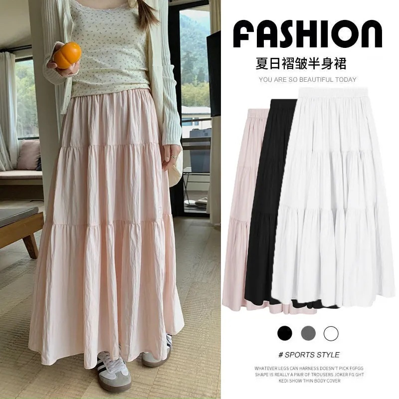 Gentle Pink Skirt Spring and Summer New Style High-Waisted Pleated A-Line Skirt Slimming Look Cake Long Skirt
