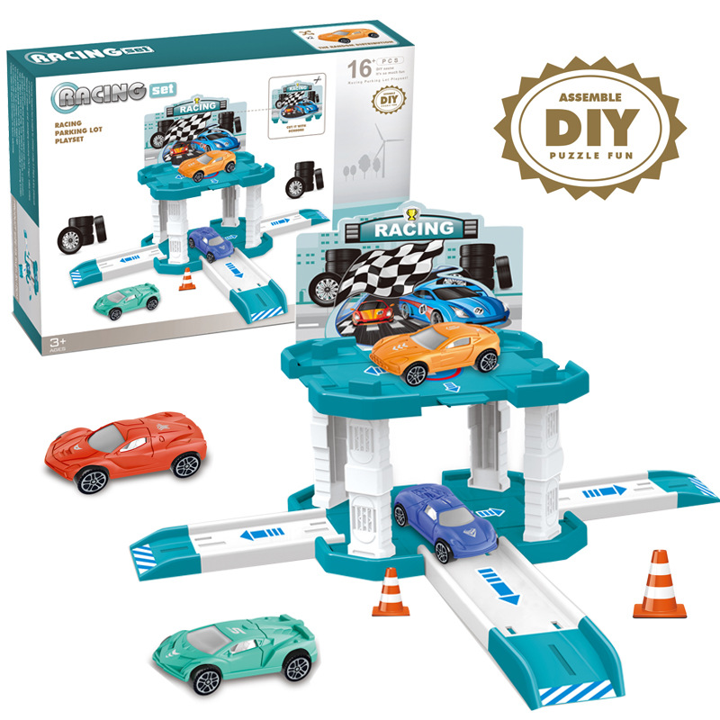 Los niños de comercio exterior montado pista deslizante coche catapulta coche juguete DIY caja portátil estacionamiento lote modelo de coche de juguete