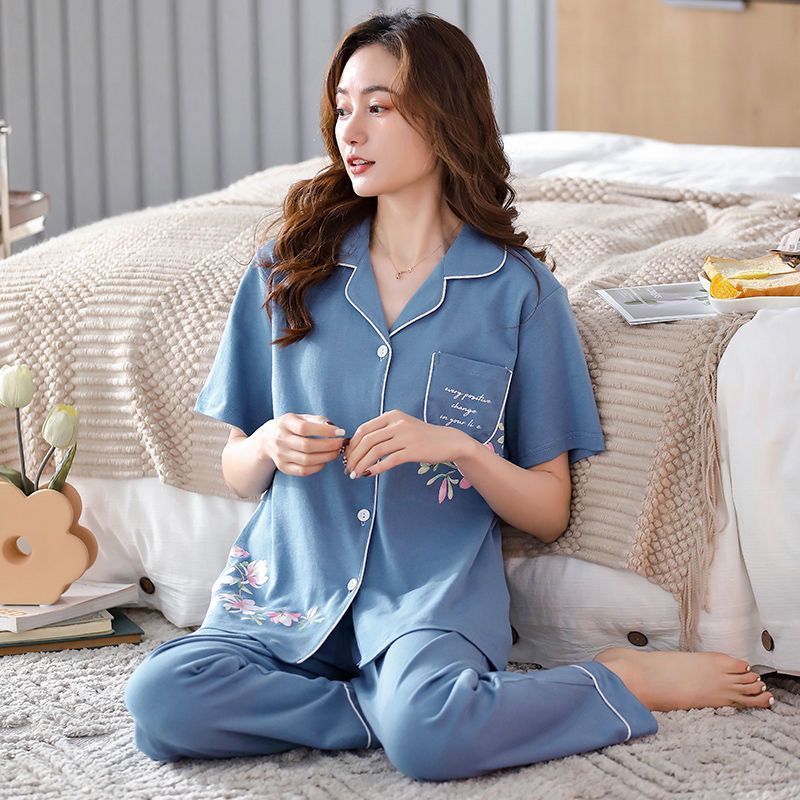 Pajamas de algodón para mujeres verano delgado pantalones de manga corta 2023 nuevo cardigán de verano conjunto de ropa para el hogar