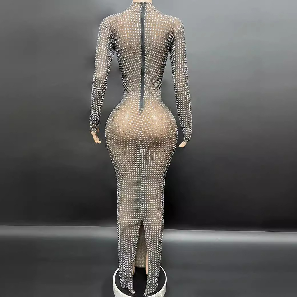 Vêtements pour femmes Novans Spring New Sparkling White Diamond Élégante fente dans le dos Longue longueur au sol Robe de soirée noire slim_voghion.com