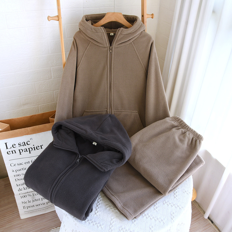 Polar Fleece Home Wear Pajamas Set Solid Color Men's Zipper Sweatshirt Can Be Worn Outside Spring, Autumn and Winter Thickeneded and Warm