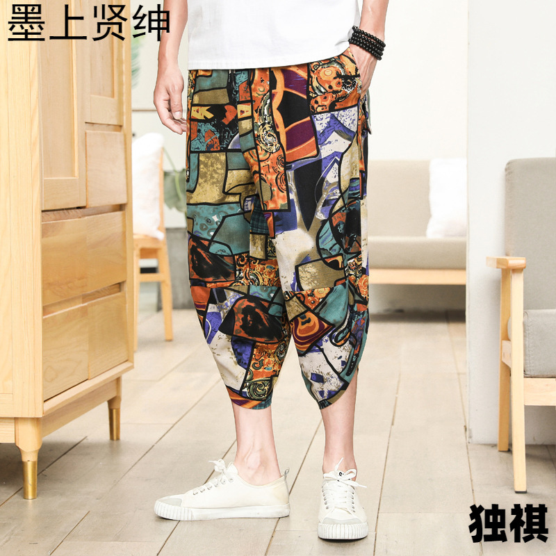 Venta al por mayor de fábrica pantalones de cáñamo de verano pantalones cortos para hombres pies sueltos pantalones de zanahoria pantalones harem de lino de algodón pantalones de flores de estilo étnico