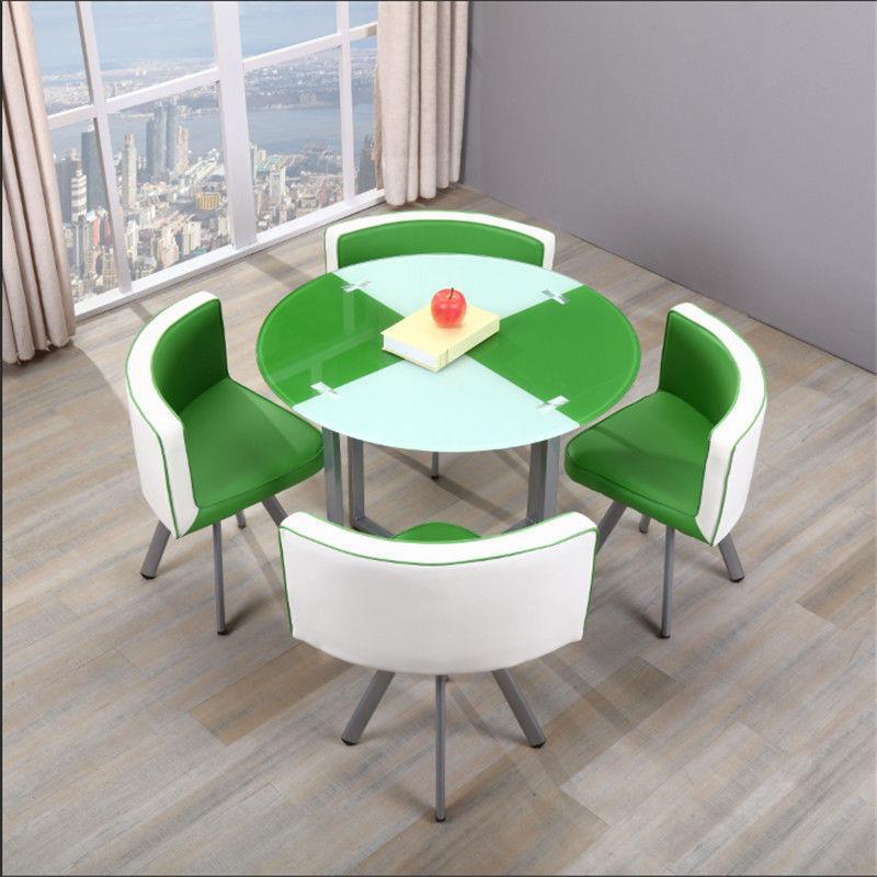 Mesa y sillas de comedor modernas, mesa redonda pequeña de vidrio templado, mesa y sillas para recepción y negociación, una mesa y cuatro sillas, cocina de inducción.