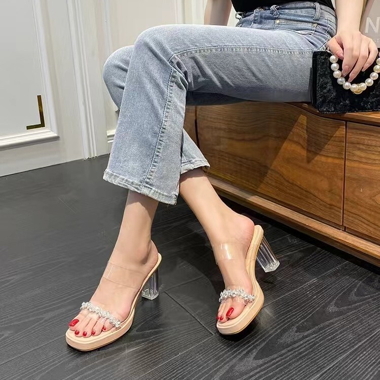 2025 Summer New Style Double-Strap Open-Toe Transparent Chunky Heel Sandals for Women with Rhinestones, Thick-Soled Fashionable Gentle High Heels