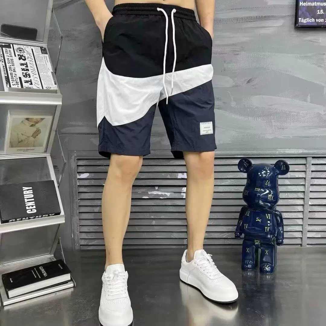 休闲短裤男士夏季新款潮流冰丝薄款五分裤百搭拼色速干运动短裤子