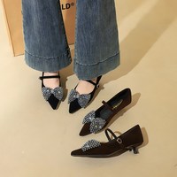 2388-H122 Korean retro style straight buckle strap pointed cat heel rhinestone bow low heel professional single shoe
