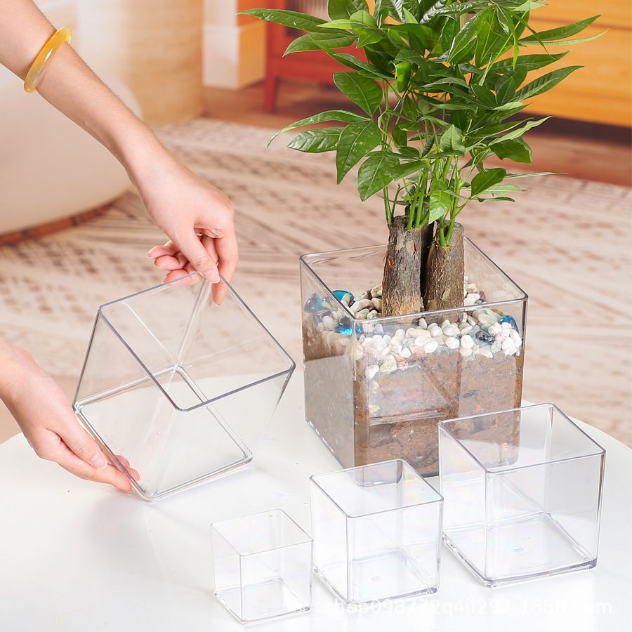 塑料防摔花瓶水培玫瑰花正方形透明花瓶绿萝亚克力方缸摆件插花束