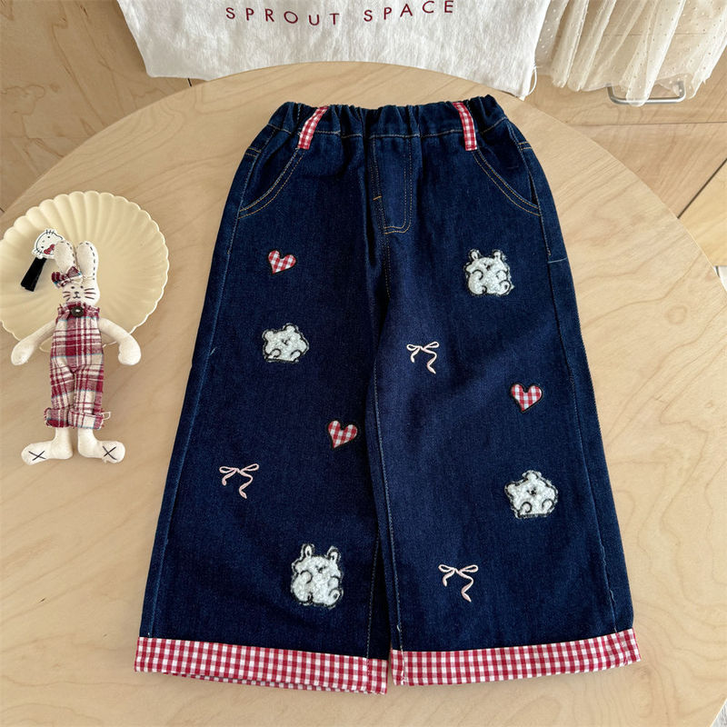 クリームガールズ子供服秋の新作子供韓国風リボンベビードールシャツボトリングシャツ+ジーンズ2点セット|undefined