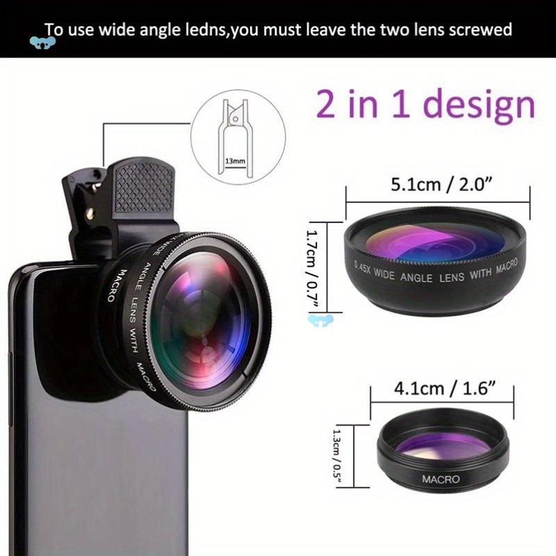 1 x 2 in 1 Clip on Cell Phone Camera Lens Kit 37mm 0.45X跨境