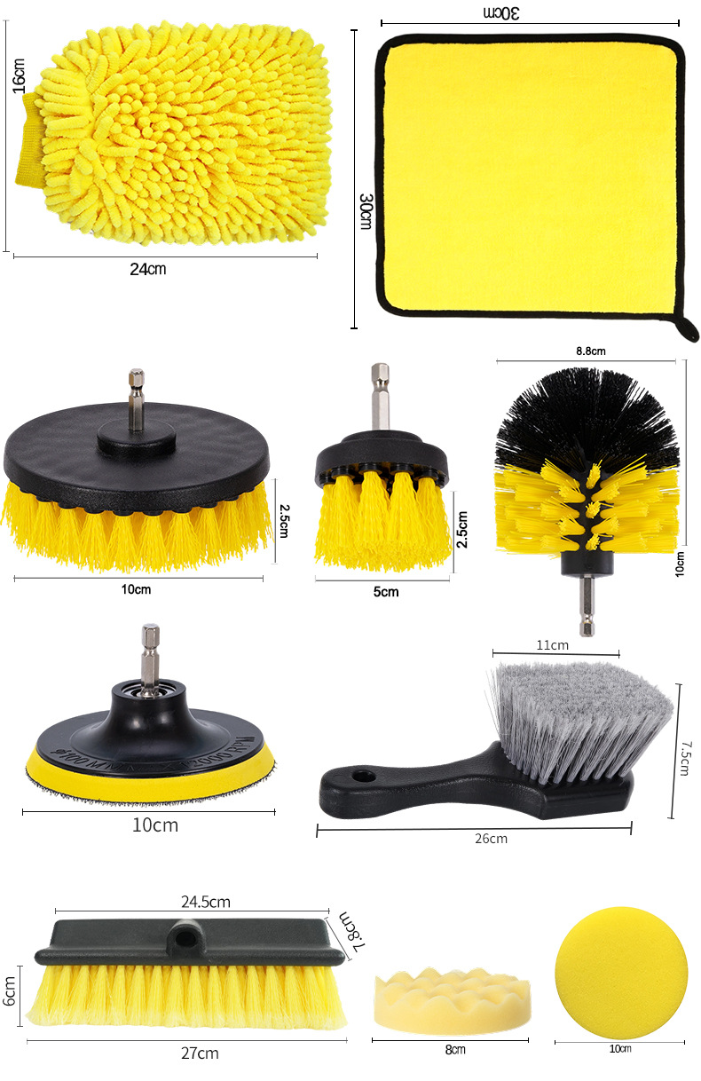 Car Water Brush with Long Handle, Detachable Car Wash Tool, Electric Drill Brush, Car Cleaning Towel, Chenille Gloves, Glass Scraper