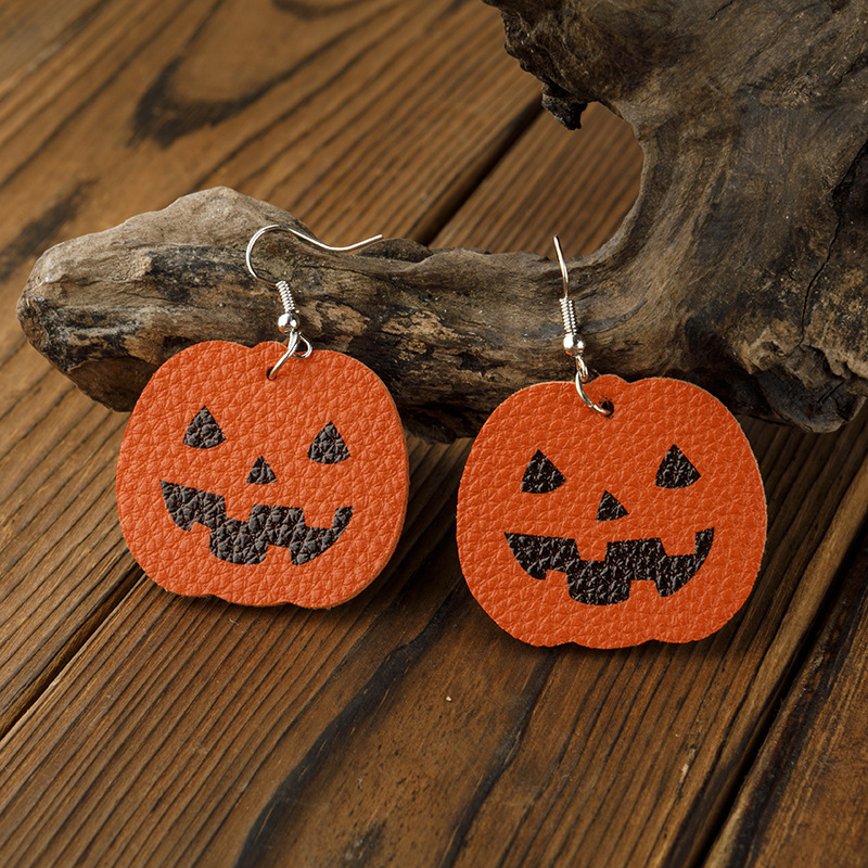 Cross-border Independent Station Halloween Earrings Personality Pumpkin Ghost Hat Leather Earrings Halloween Ornaments display picture 5