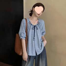 港风复古短袖条纹衬衫女夏洋气设计感小衫上新款百搭时尚图片色