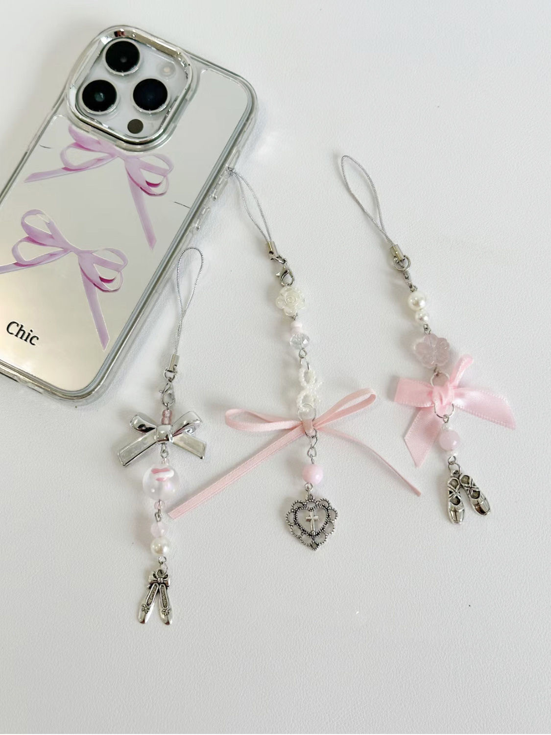 [Ballet Style] Original girly pink heart aesthetic ballet bow ribbon mobile phone chain Guben pendant