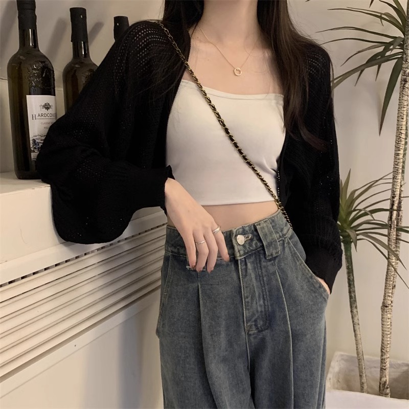 杏色镂空长袖针织开衫女夏2025新款防晒罩衫吊带外搭短款坎肩上衣|undefined