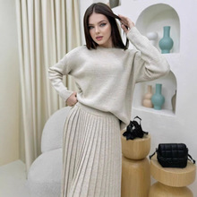现货秋冬新款欧美跨境外贸气质纯色圆领针织套头毛衣百褶半裙套装