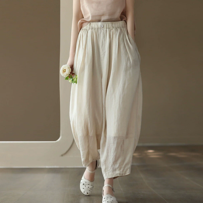 Брюки-фонарики из 100% рами, свободные летние новые ретро литературные однотонные двухслойные льняные брюки, тонкие повседневные брюки для женщин