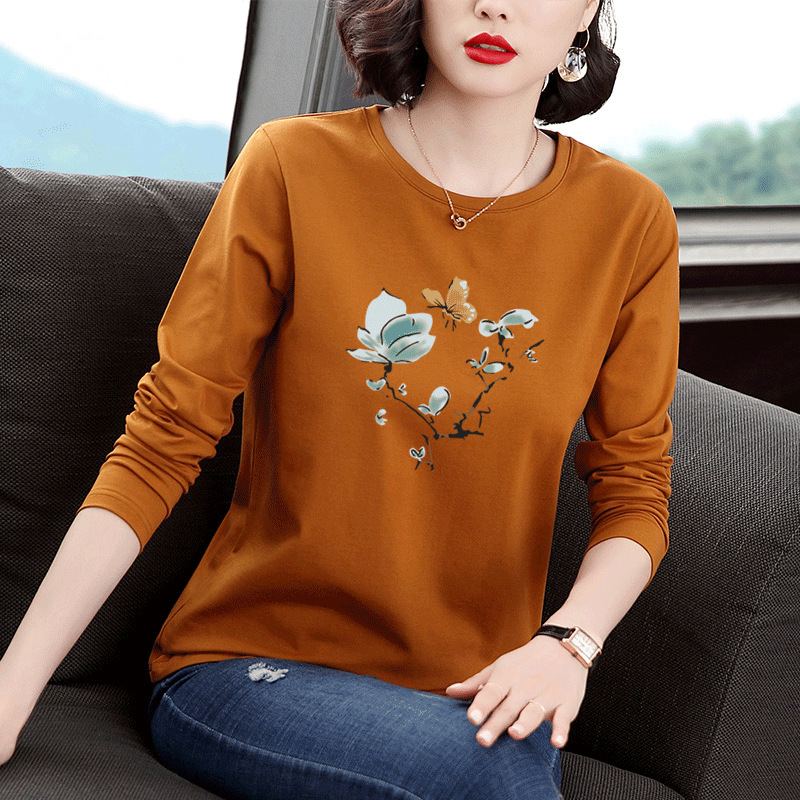 Women's long-sleeved T-shirt top 2022 new spring and autumn Korean style loose plus size trendy printed bottoming shirt for middle-aged mothers