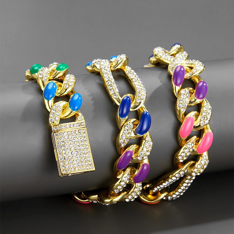 Creative and Personalized New Octagonal Colorful Oil Drop Splicing Cuban Chain Necklace Hip Hop_voghion.com