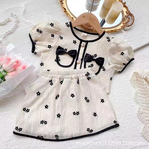 Korean children's clothing 2024 summer new style girls sweet little fragrance style suit children's fashionable short sleeve short skirt two-piece set