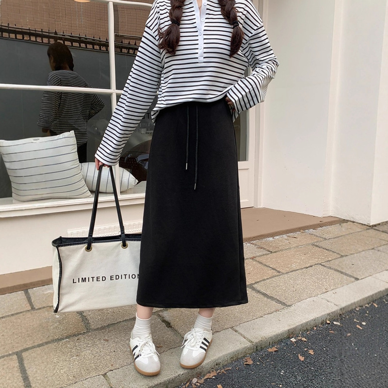 2025秋装新款胖mm大码女松紧腰显瘦抽绳腰大摆百搭后开叉半身裙|undefined