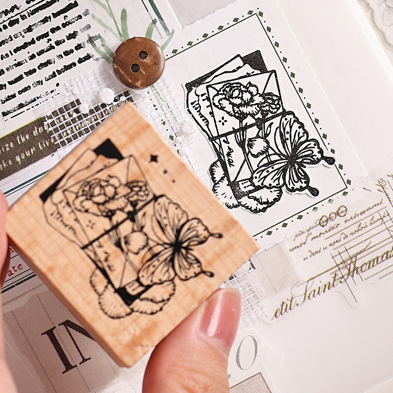 Mariposa fanciosa carta de madera sello de botella de mano flor de plantas retro sello de botella de mano flor retro