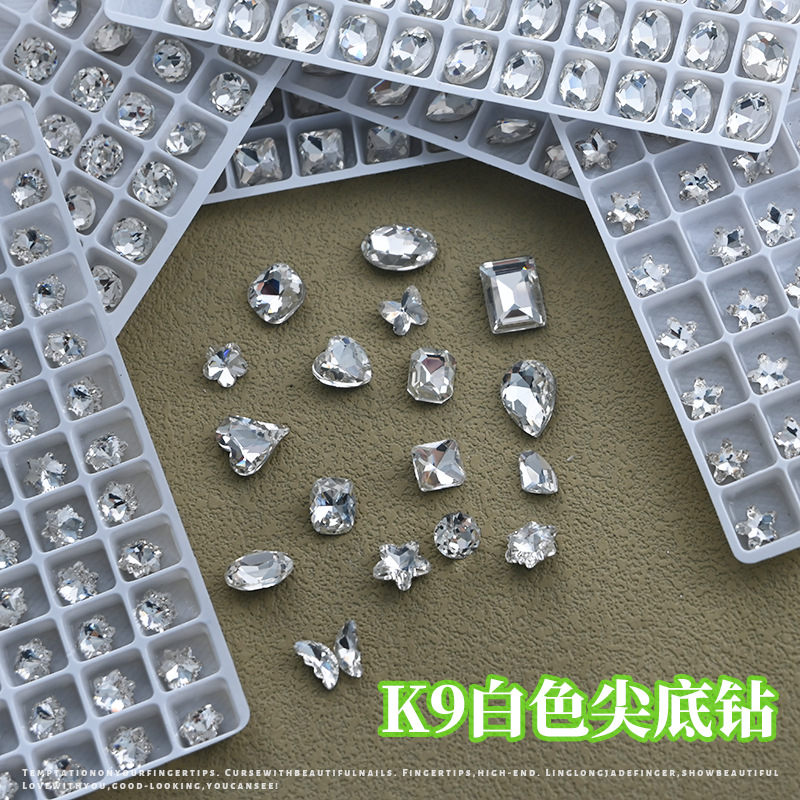 K9 large white pointed-bottom rhinestones, mixed set of irregular-shaped nail art accessories, super shiny crystal nail rhinestones, press-on nail accessories wholesale