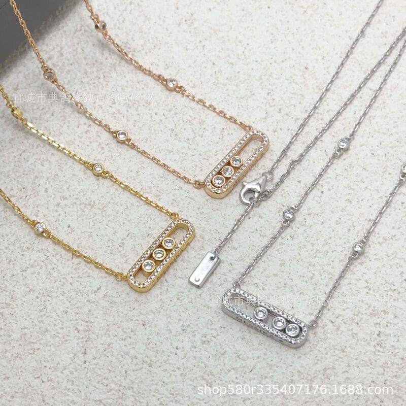 Mska European and American Cross-Border Meijia Necklace with Three Diamonds, Sliding Design, Full Diamond Clavicle Chain, Light Luxury, High-End Feel, Versatile for Goddesses