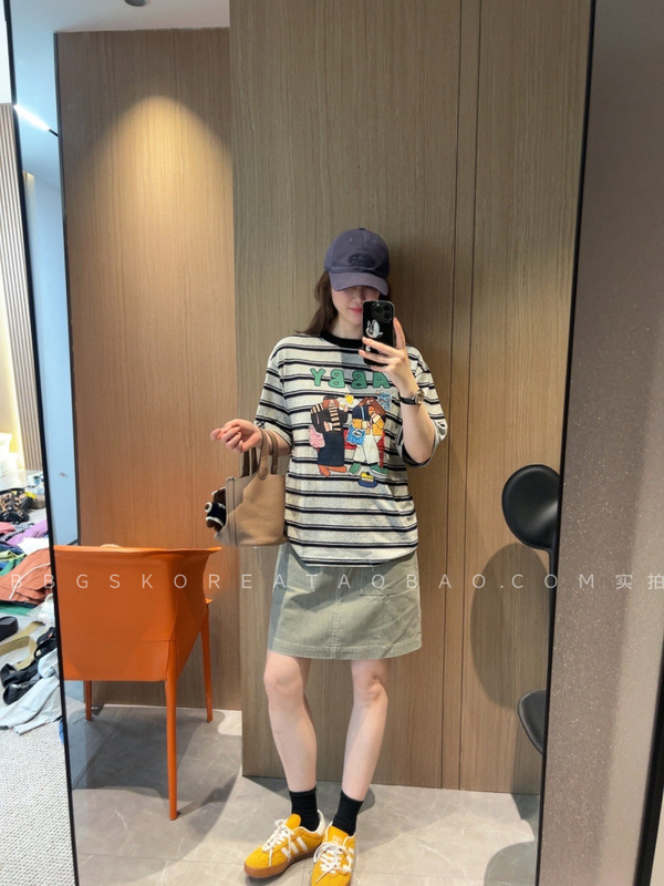 混色面料～现货2025夏季女条纹卡通印花宽松短袖长袖T恤|undefined