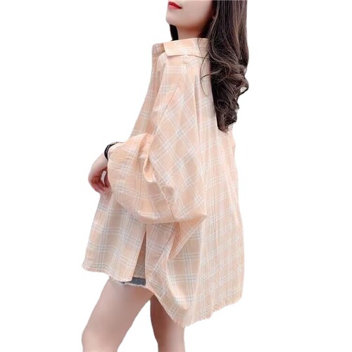 2026 summer new chiffon sunscreen plaid shirt, women's long-sleeved Korean style loose medium and long thin coat