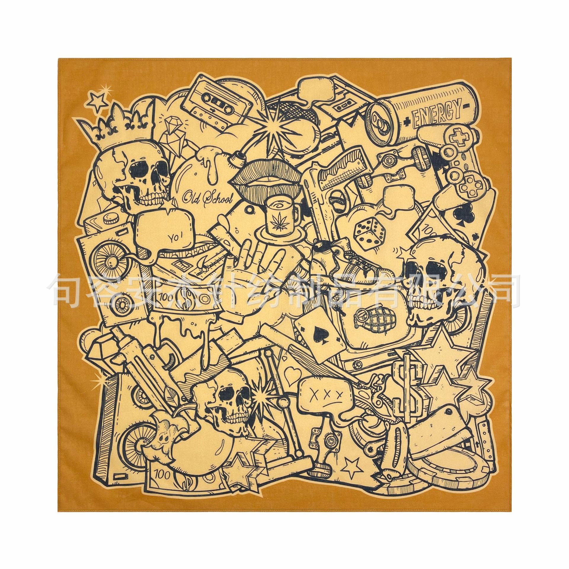55x 55cm American Style Vintage Cotton Printed Square Skull Head Ghost Head Hip Hop Street Dance Square Halloween Tape