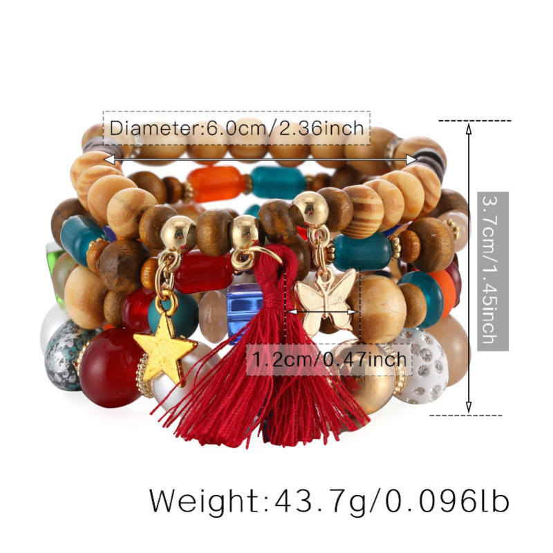 Pulsera De Borla Con Cuentas Bohemias Cuentas De Madera Cuerda Elástica Hecha A Mano Colgante De Mariposa Con Estrella Pulsera Desmontable display picture 27