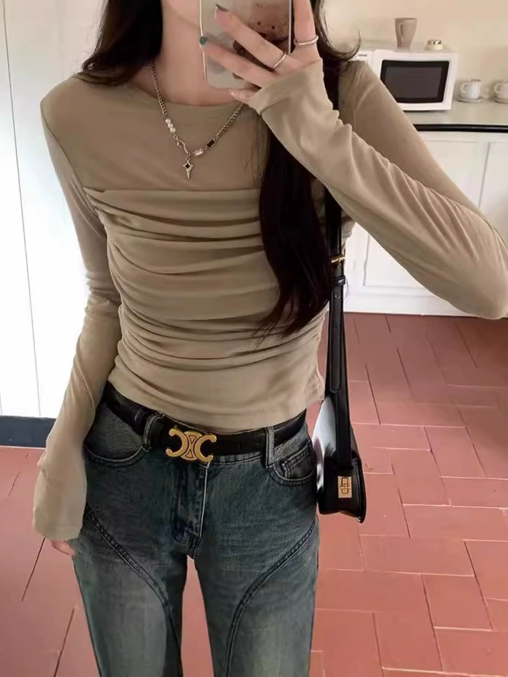 Женская футболка с длинным рукавом Slim-Fit, осенняя комфортная для тела, сборка на груди, легкая